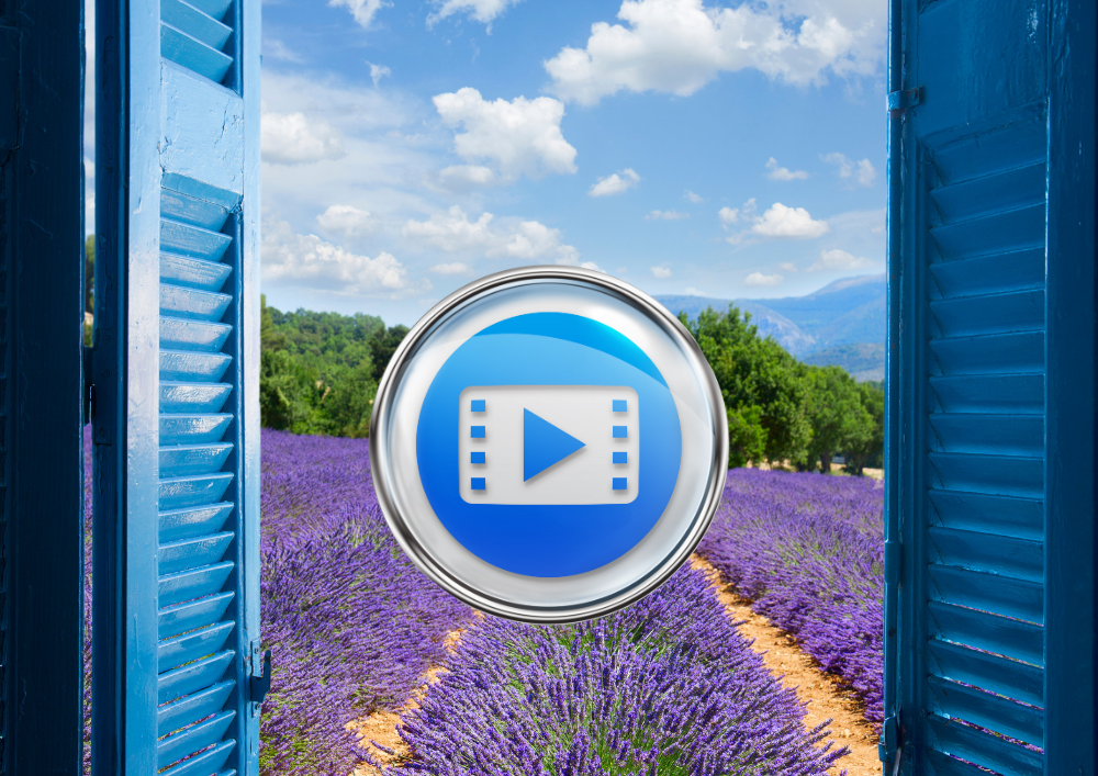 blue video icon with a background of lavender seen through blue shutters