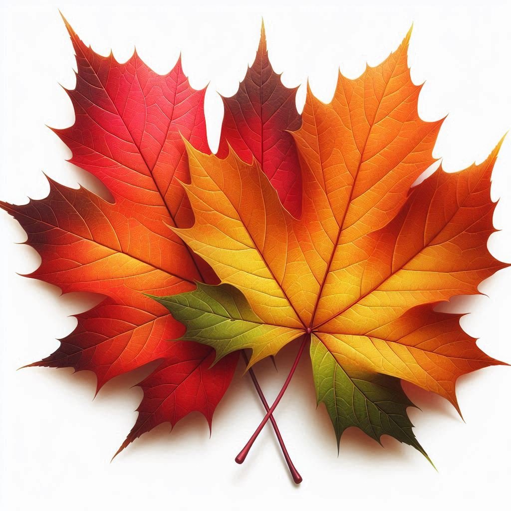 two fall leaves red, orange, gold, green