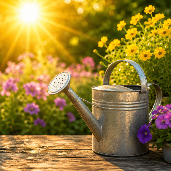 A galvanized metal watering can sits on a rustic wooden surface in a sunny summer garden. Bright golden sunlight streams across colorful yellow, pink, and purple flowers in the background, creating a warm, inviting scene that represents August garden care and watering.